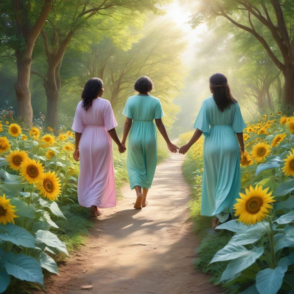 A serene path through a lush garden symbolizing hope, with gentle sunlight filtering through vibrant green leaves. Along the pathway, illustrated figures representing diverse individuals walking confidently, holding hands with caregivers, and carrying symbols of strength and healing, like sunflowers and butterflies. The background depicts a soft, healing atmosphere with pastel colors and flowing elements to signify a journey of empowerment and resilience. pastel colors, super-realistic, soft focus.