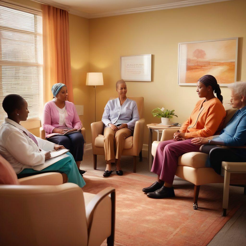 A compassionate healthcare team engaging with a diverse group of cancer patients in a supportive setting, surrounded by educational materials and wellness tools. Visual elements include warm colors, soothing artwork, and comfortable seating, symbolizing hope and collaboration. The scene captures the essence of personalized care and empowerment in oncology. super-realistic. warm tones. soft focus.