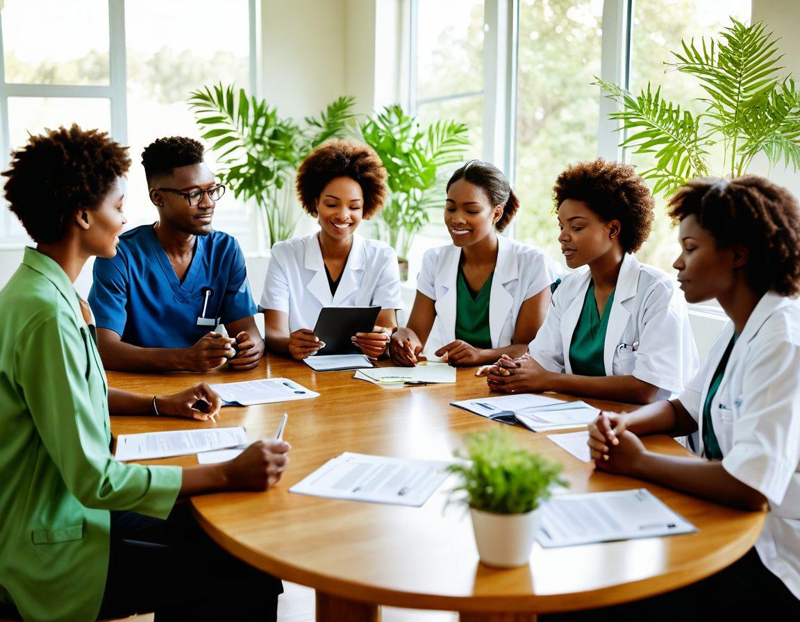 A serene scene depicting a diverse group of patients in a support group, surrounded by soft natural light, with bright green plants in the background symbolizing hope and healing. Various informational pamphlets and a digital tablet showing treatment options on a table in front of them, illustrating empowerment and knowledge. Include a warm and inviting atmosphere to promote a sense of community and compassion. super-realistic. vibrant colors. soft focus.